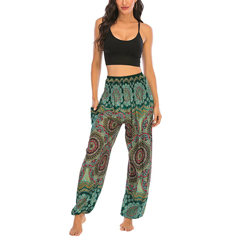 Pantaloni harem da yoga da donna con motivo geometrico rotondo e largo in stile boho Buddha Stones - Image 11