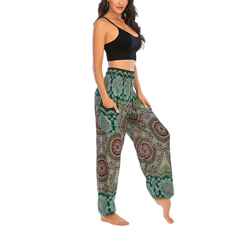 Pantaloni harem da yoga da donna con motivo geometrico rotondo e largo in stile boho Buddha Stones - Image 14