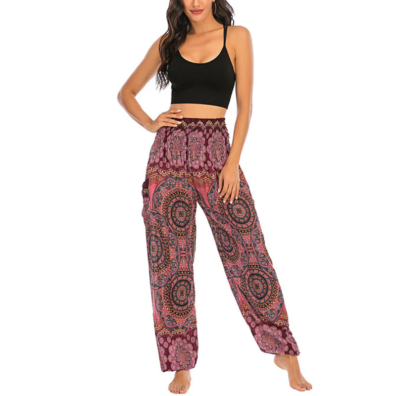 Pantaloni harem da yoga da donna con motivo geometrico rotondo e largo in stile boho Buddha Stones - Image 19