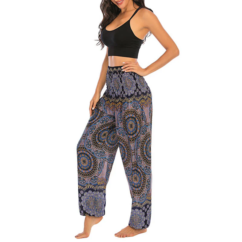 Pantaloni harem da yoga da donna con motivo geometrico rotondo e largo in stile boho Buddha Stones - Image 26