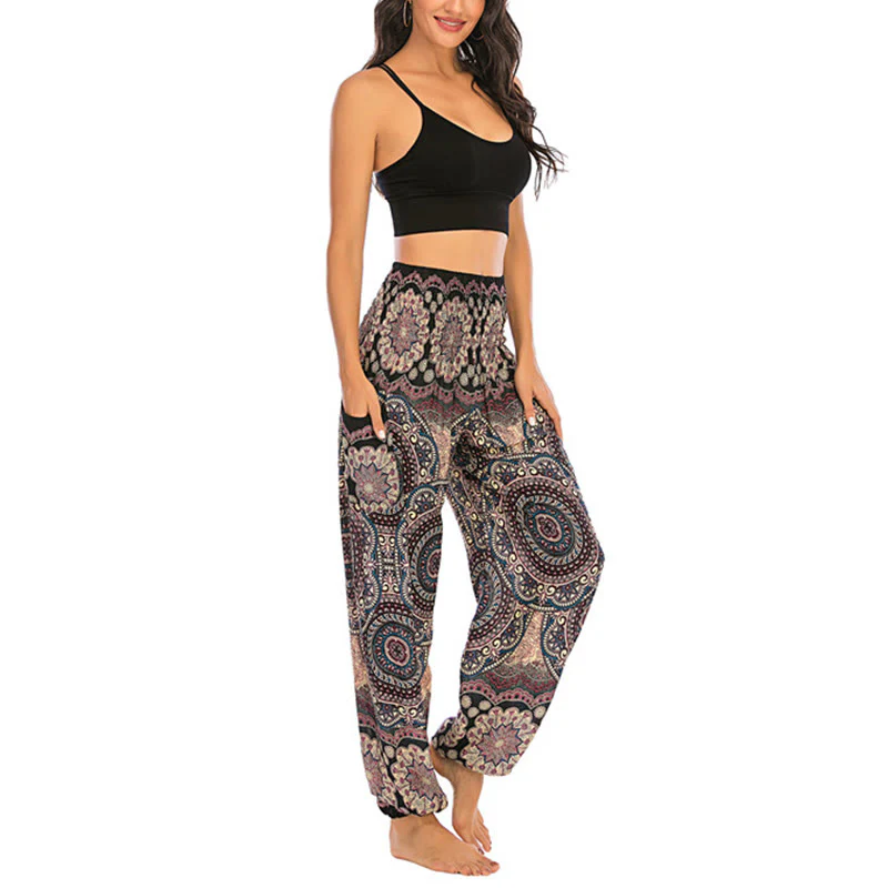 Pantaloni harem da yoga da donna con motivo geometrico rotondo e largo in stile boho Buddha Stones - Image 3