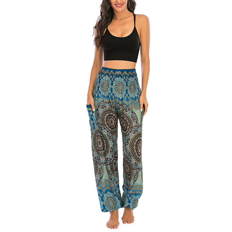 Pantaloni harem da yoga da donna con motivo geometrico rotondo e largo in stile boho Buddha Stones - Image 37