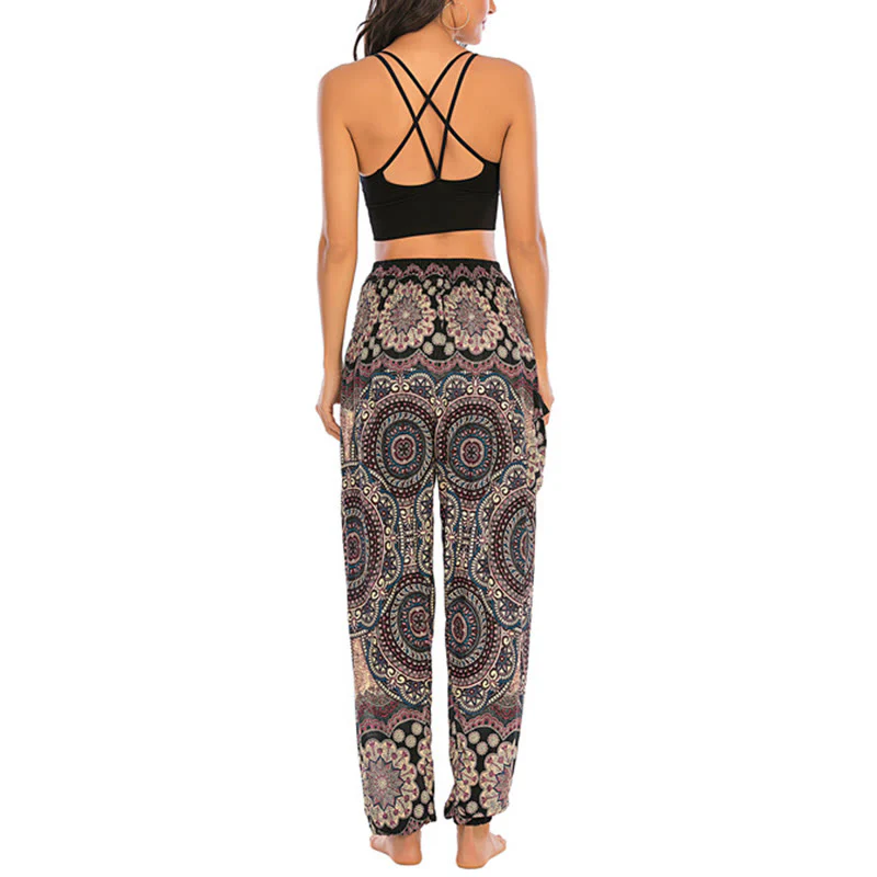 Pantaloni harem da yoga da donna con motivo geometrico rotondo e largo in stile boho Buddha Stones - Image 4