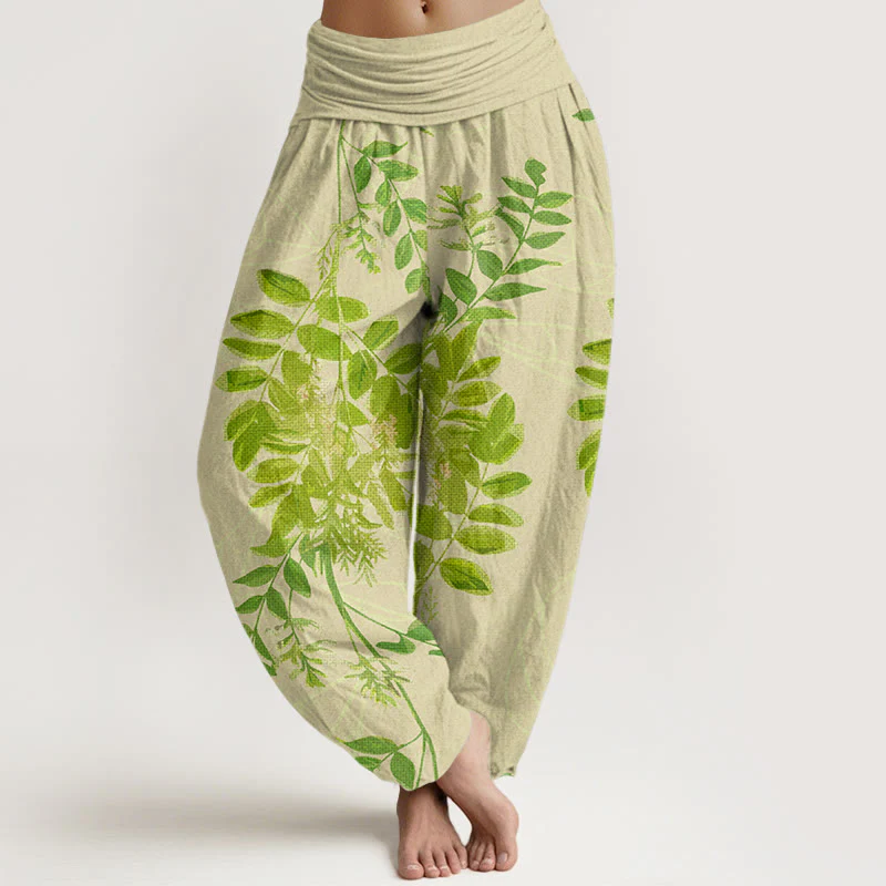 Pantaloni harem da donna con elastico in vita, in cotone, con foglie verdi e rami, motivo Buddha Stones