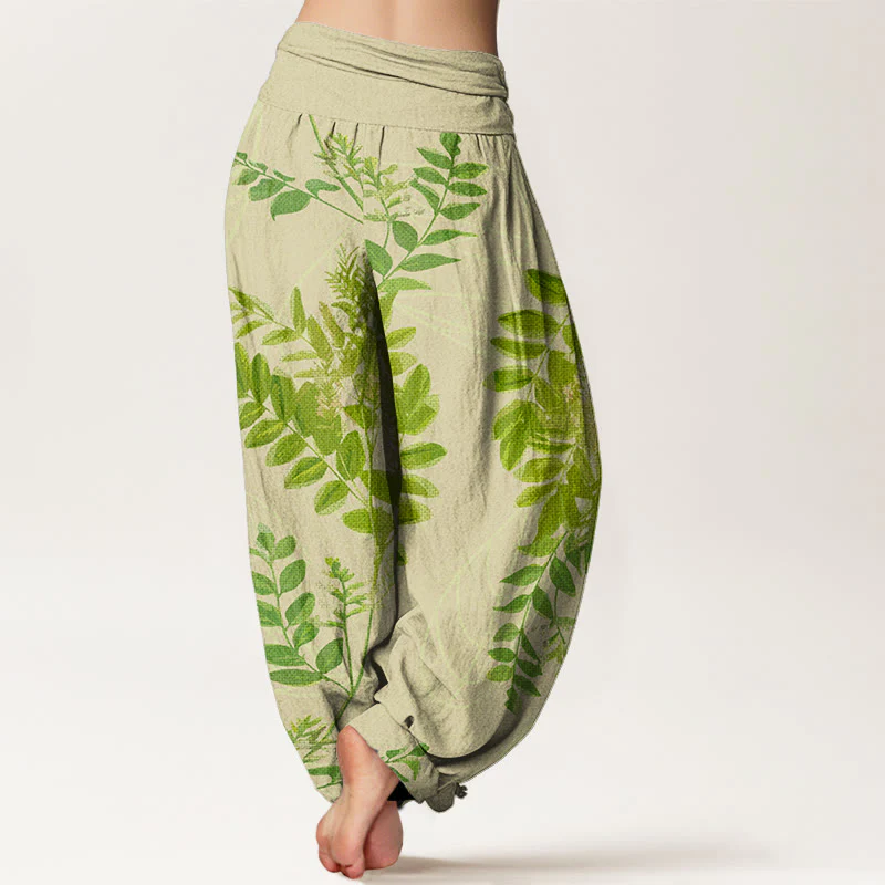 Pantaloni harem da donna con elastico in vita, in cotone, con foglie verdi e rami, motivo Buddha Stones - Image 2