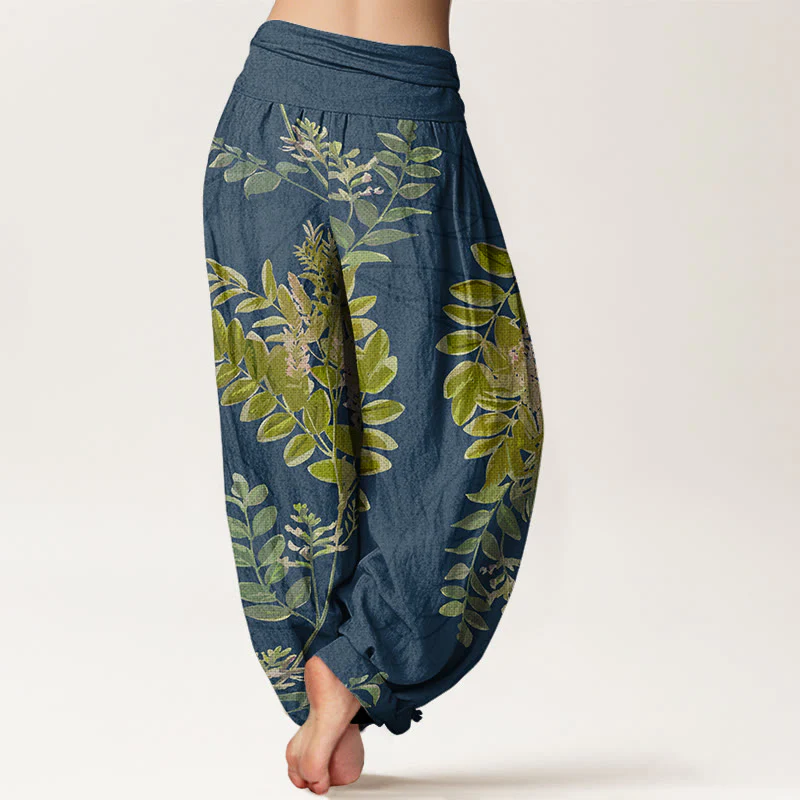 Pantaloni harem da donna con elastico in vita, in cotone, con foglie verdi e rami, motivo Buddha Stones - Image 9
