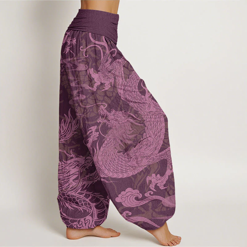 Pantaloni harem da donna con elastico in vita, Buddha Stones Cotton Dragon e nuvole di buon auspicio - Image 10