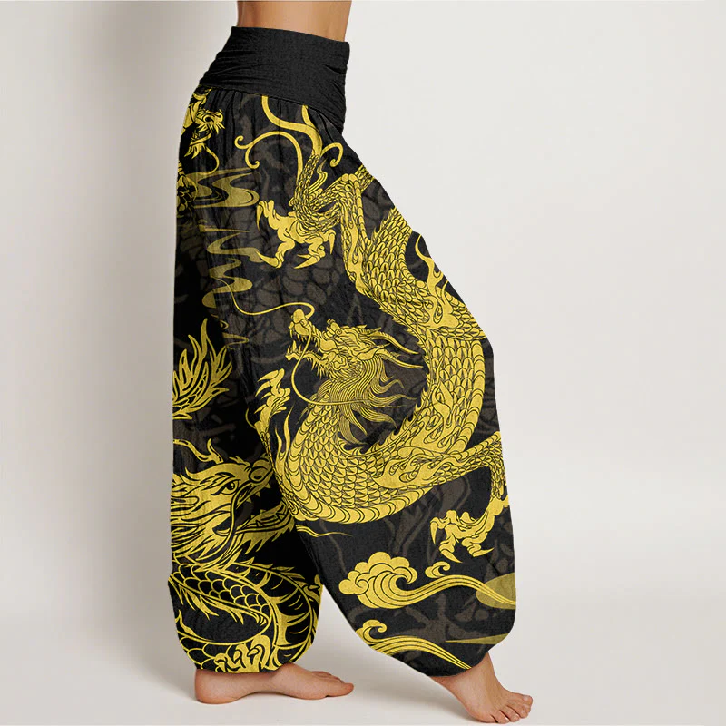 Pantaloni harem da donna con elastico in vita, Buddha Stones Cotton Dragon e nuvole di buon auspicio - Image 3