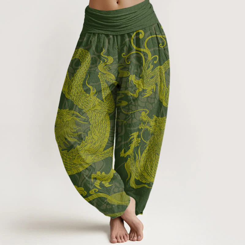 Pantaloni harem da donna con elastico in vita, Buddha Stones Cotton Dragon e nuvole di buon auspicio - Image 5
