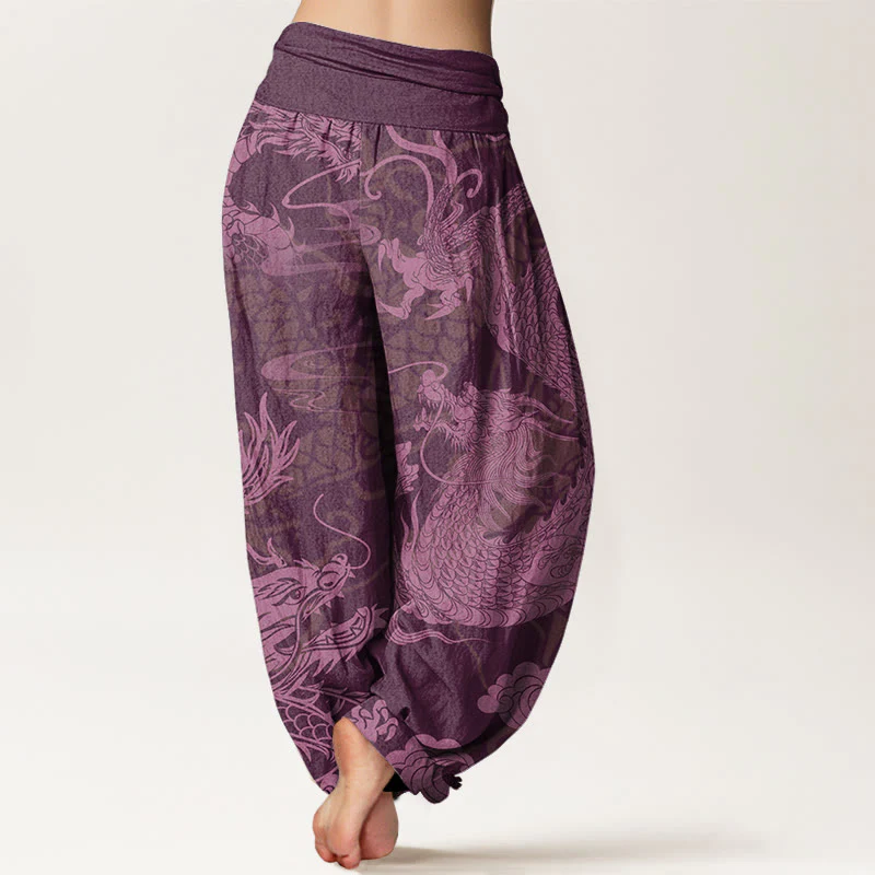 Pantaloni harem da donna con elastico in vita, Buddha Stones Cotton Dragon e nuvole di buon auspicio - Image 9