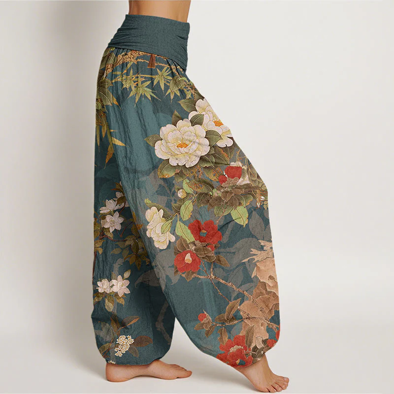 Pantaloni harem da donna con elastico in vita, in cotone, casual, con fiori di peonia e foglie di gazza, motivo Buddha Stones - Image 2
