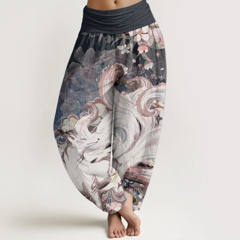 Pantaloni harem da donna con elastico in vita, in cotone e volpe, con fiori di ciliegio , Buddha Stones