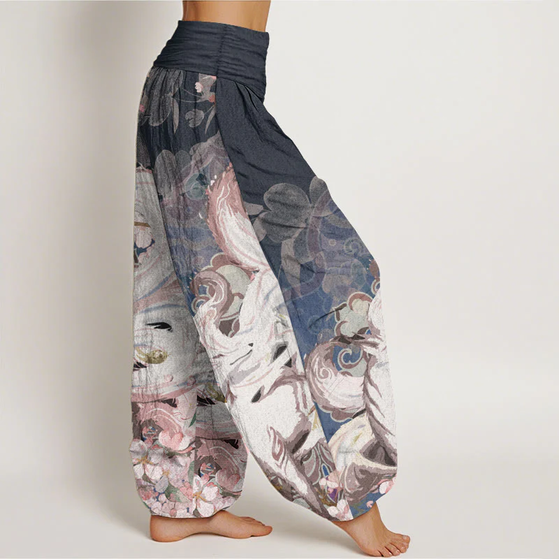 Pantaloni harem da donna con elastico in vita, in cotone e volpe, con fiori di ciliegio , Buddha Stones - Image 3