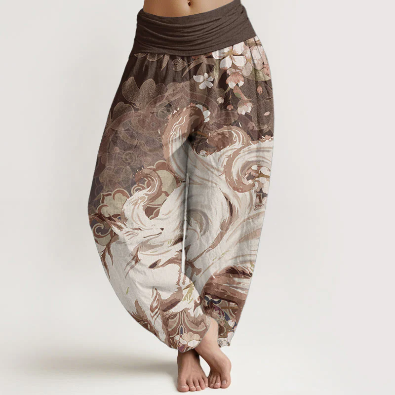 Pantaloni harem da donna con elastico in vita, in cotone e volpe, con fiori di ciliegio , Buddha Stones - Image 5