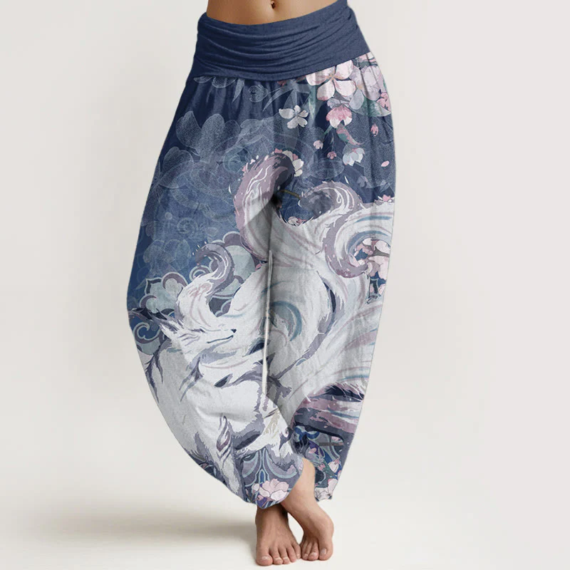 Pantaloni harem da donna con elastico in vita, in cotone e volpe, con fiori di ciliegio , Buddha Stones - Image 8