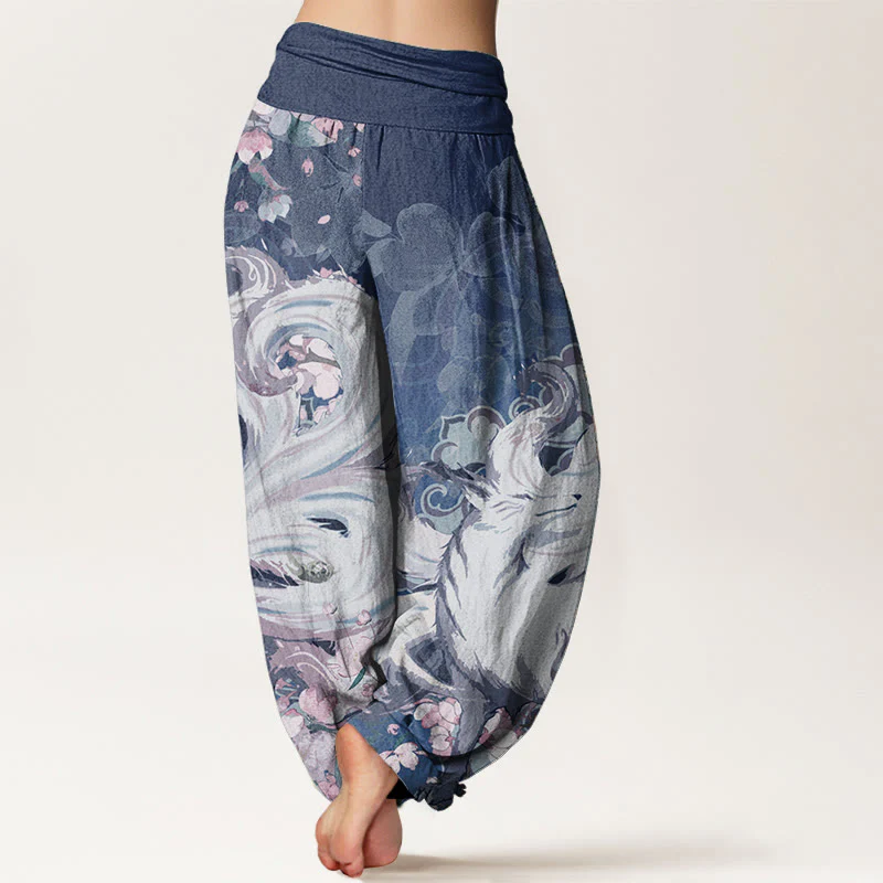 Pantaloni harem da donna con elastico in vita, in cotone e volpe, con fiori di ciliegio , Buddha Stones - Image 9