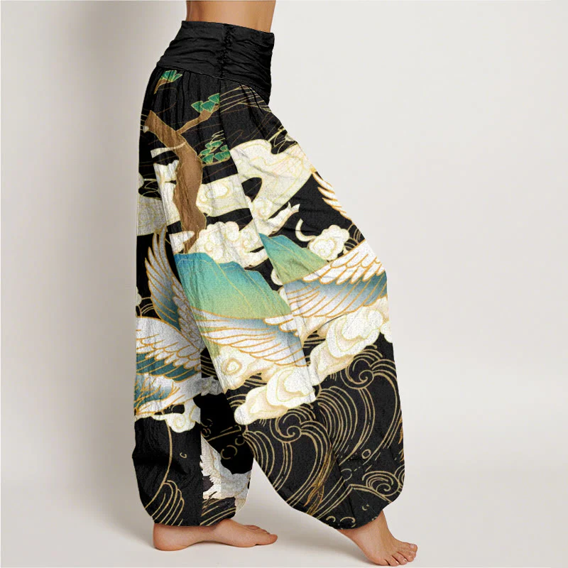 Pantaloni harem da donna con elastico in vita, in cotone, con gru volanti, nuvole di buon auspicio Buddha Stones - Image 2