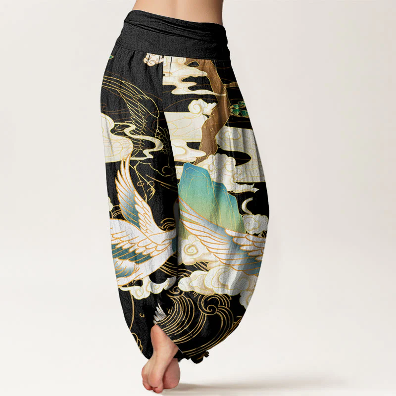 Pantaloni harem da donna con elastico in vita, in cotone, con gru volanti, nuvole di buon auspicio Buddha Stones - Image 3