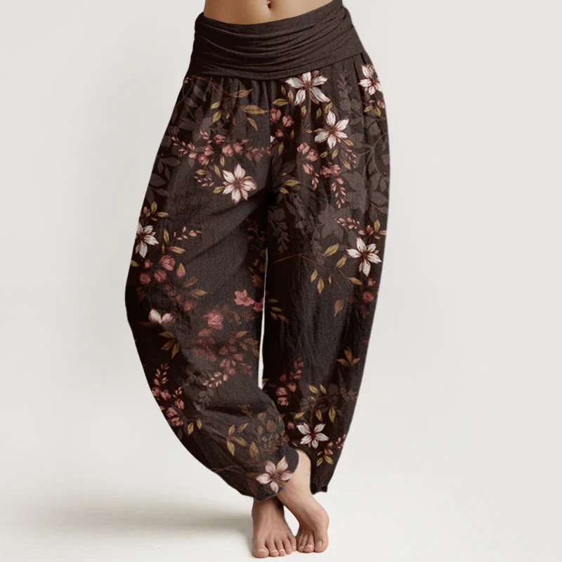 Pantaloni harem da donna con elastico in vita, in cotone, con piccoli fiori bianchi e foglie verdi, motivo Buddha Stones - Image 8