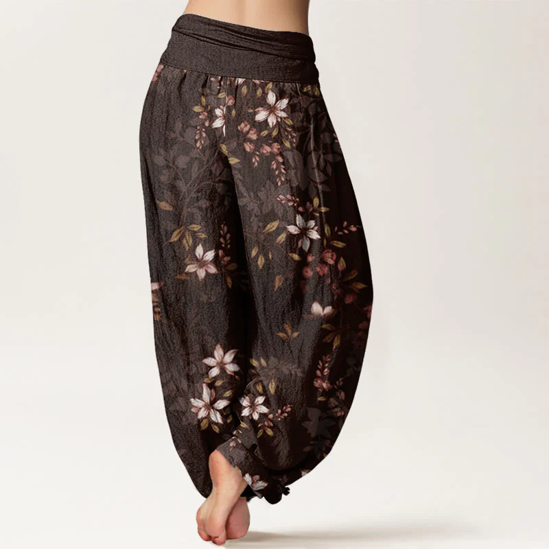 Pantaloni harem da donna con elastico in vita, in cotone, con piccoli fiori bianchi e foglie verdi, motivo Buddha Stones - Image 9
