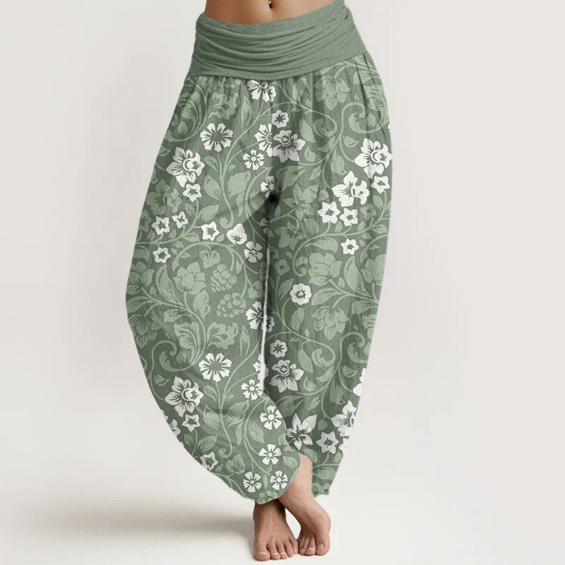 Pantaloni harem da donna con elastico in vita, in cotone, con piccoli fiori e rami intrecciati, motivo Buddha Stones