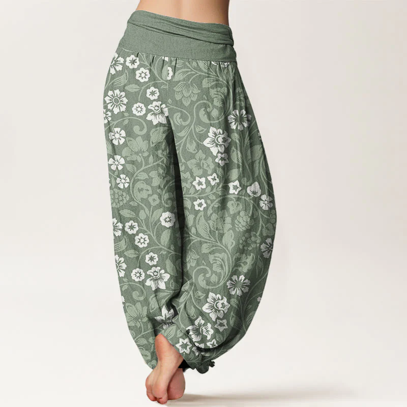 Pantaloni harem da donna con elastico in vita, in cotone, con piccoli fiori e rami intrecciati, motivo Buddha Stones - Image 3