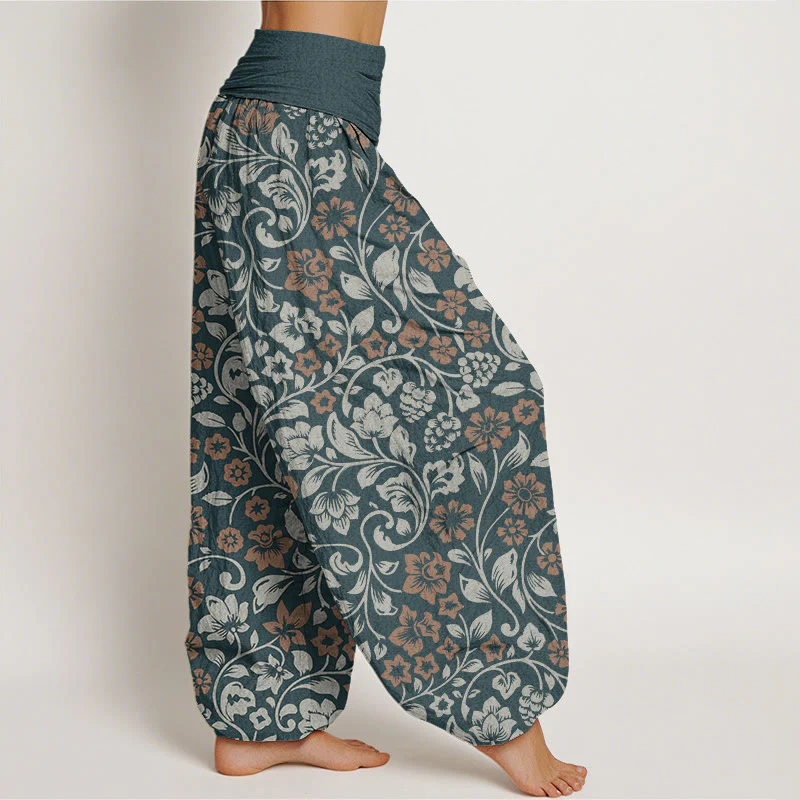 Pantaloni harem da donna con elastico in vita, in cotone, con piccoli fiori e rami intrecciati, motivo Buddha Stones - Image 6