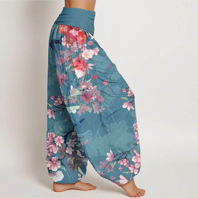 Pantaloni harem da donna con elastico in vita, in cotone, con Buddha Stones, fiori rossi e rosa, rami rigogliosi - Image 9