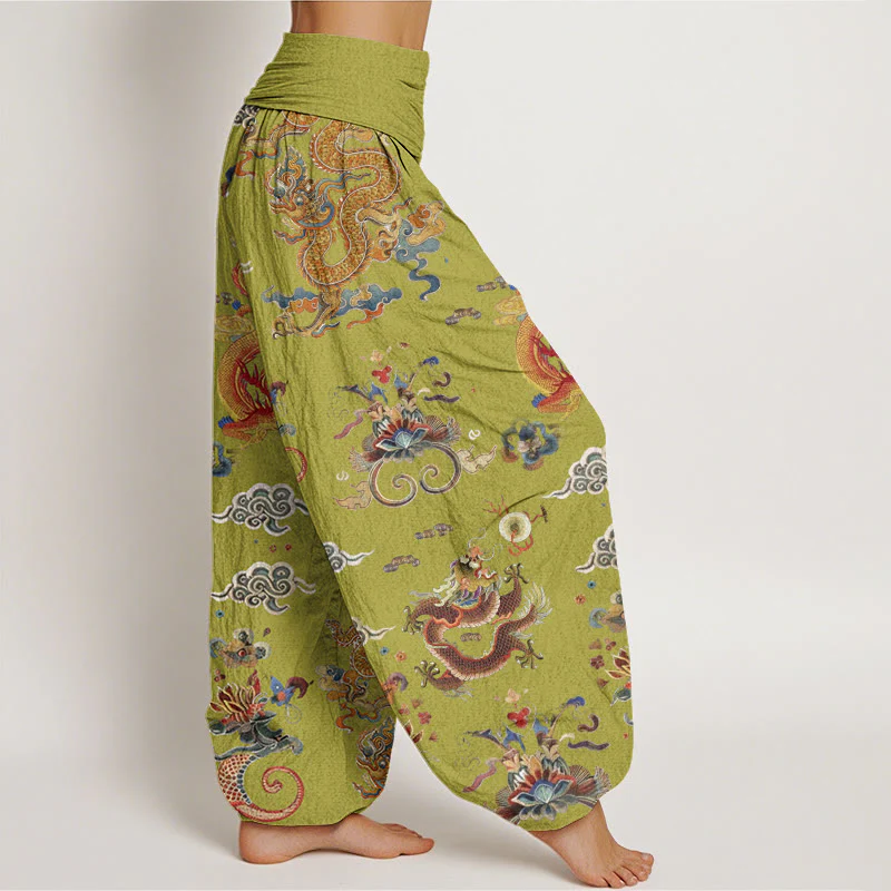 Pantaloni harem da donna con elastico in vita, in Buddha Stones , con draghi dorati e nuvole di buon auspicio - Image 10