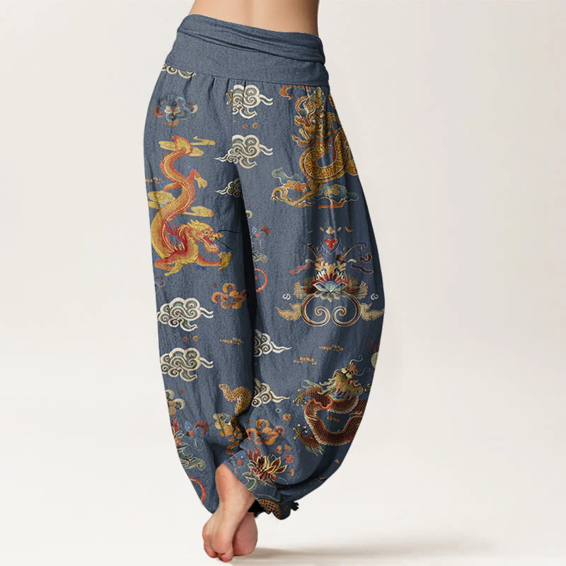 Pantaloni harem da donna con elastico in vita, in Buddha Stones , con draghi dorati e nuvole di buon auspicio - Image 6