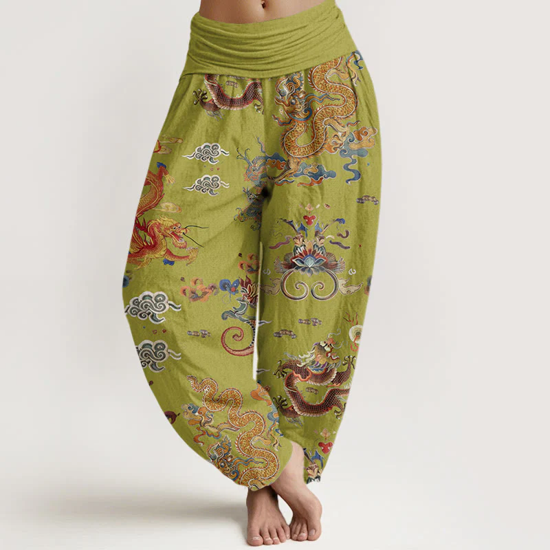 Pantaloni harem da donna con elastico in vita, in Buddha Stones , con draghi dorati e nuvole di buon auspicio - Image 8
