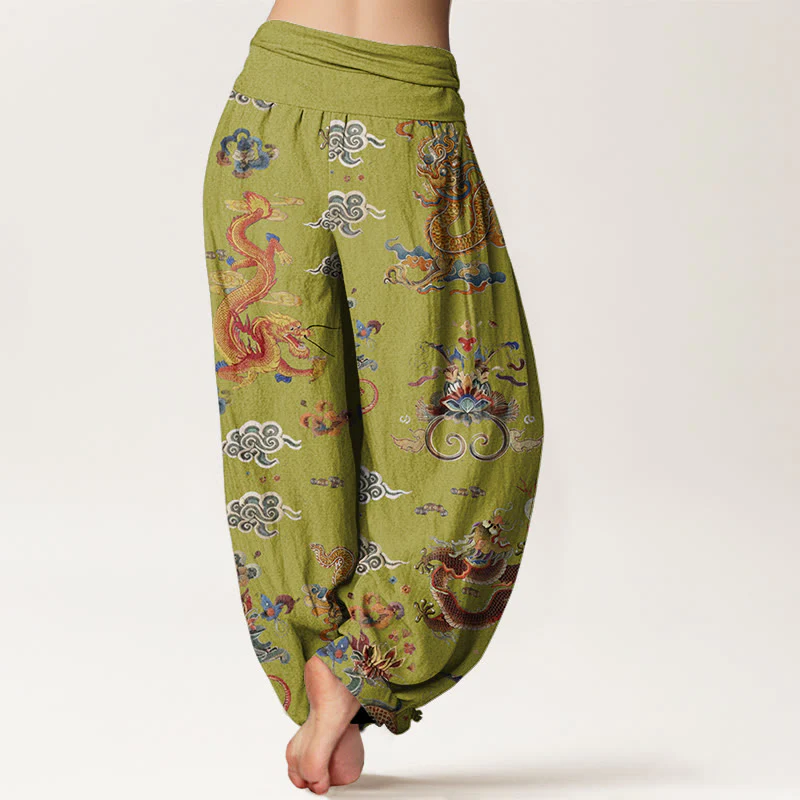 Pantaloni harem da donna con elastico in vita, in Buddha Stones , con draghi dorati e nuvole di buon auspicio - Image 9