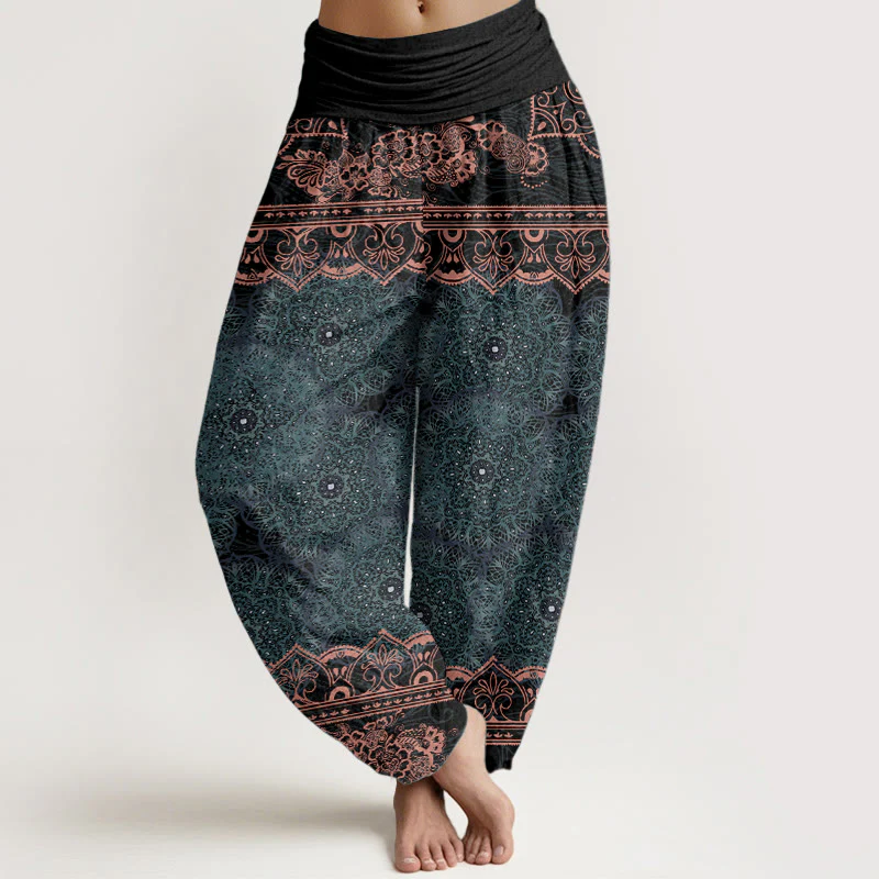 Pantaloni harem da donna con elastico in vita, in cotone, con eleganti fiori mandala e pietre Buddha Stones