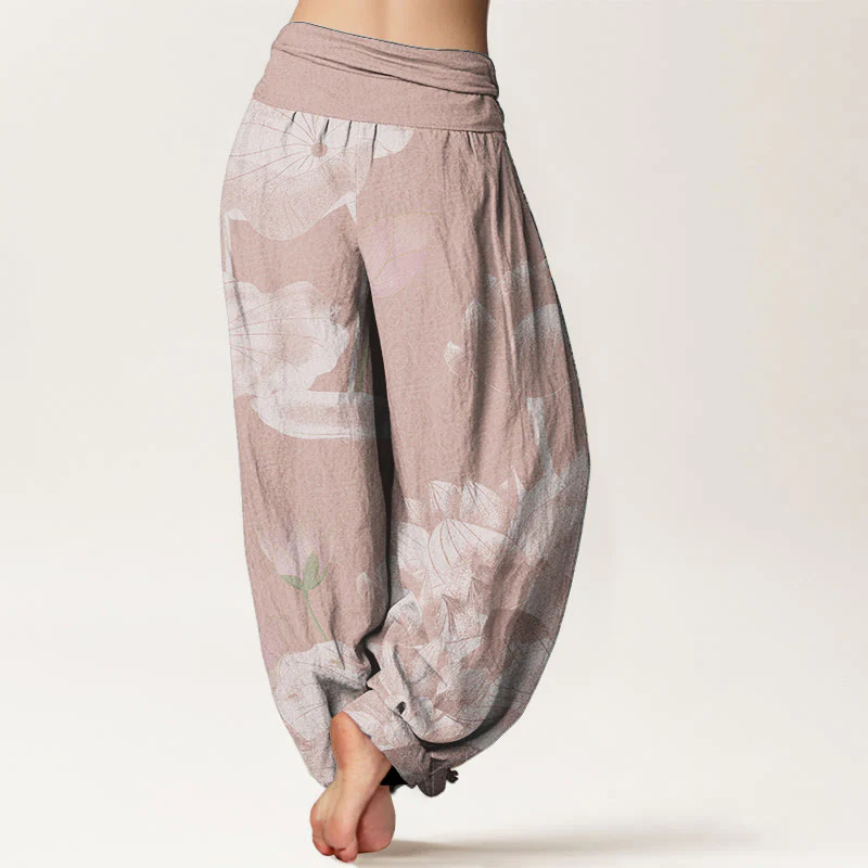 Pantaloni harem da donna con elastico in vita, in cotone rosa e bianco, con Buddha Stones - Image 2