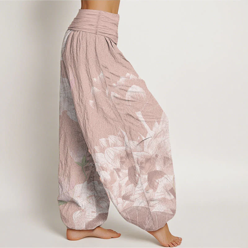 Pantaloni harem da donna con elastico in vita, in cotone rosa e bianco, con Buddha Stones - Image 3