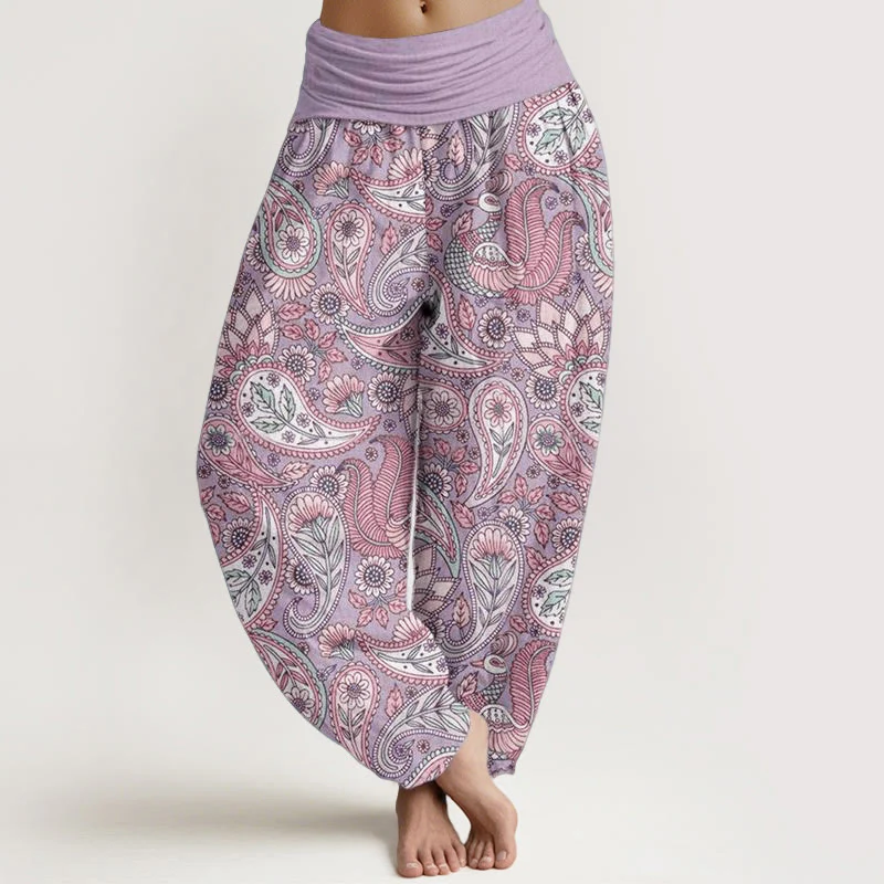 Pantaloni harem da donna con elastico in vita, in cotone, con motivo a fiori di anacardi e girasoli, modello Buddha Stones