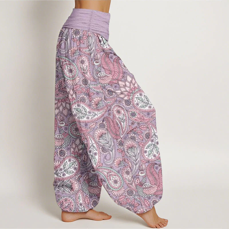 Pantaloni harem da donna con elastico in vita, in cotone, con motivo a fiori di anacardi e girasoli, modello Buddha Stones - Image 2
