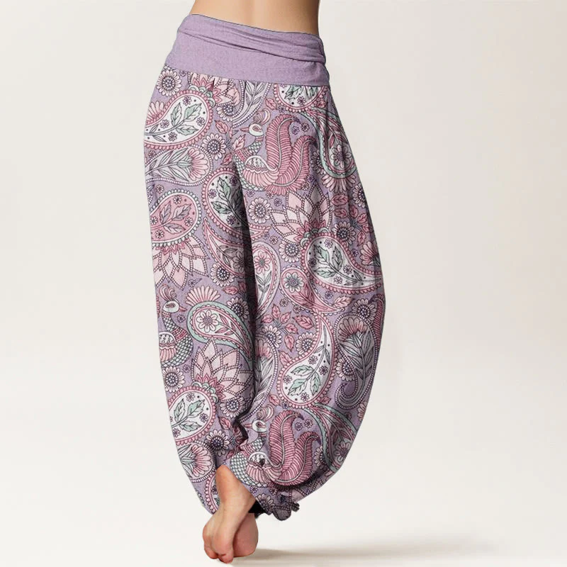 Pantaloni harem da donna con elastico in vita, in cotone, con motivo a fiori di anacardi e girasoli, modello Buddha Stones - Image 3