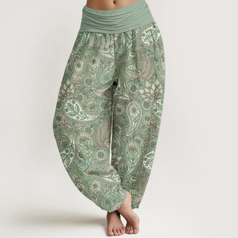 Pantaloni harem da donna con elastico in vita, in cotone, con motivo a fiori di anacardi e girasoli, modello Buddha Stones - Image 5
