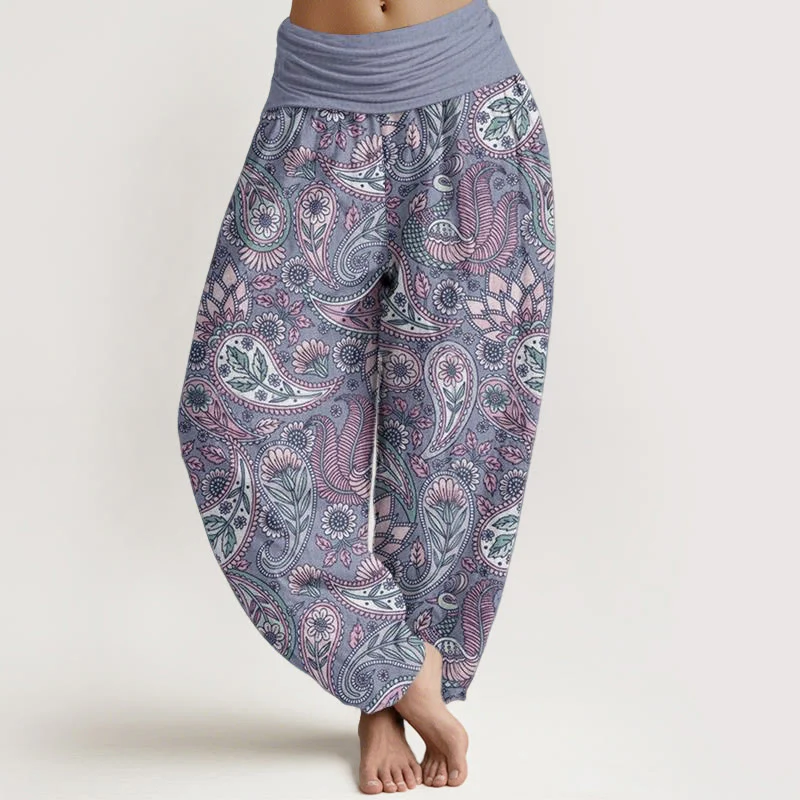 Pantaloni harem da donna con elastico in vita, in cotone, con motivo a fiori di anacardi e girasoli, modello Buddha Stones - Image 8
