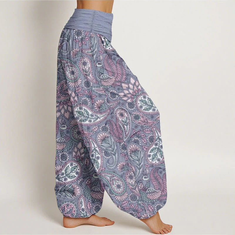 Pantaloni harem da donna con elastico in vita, in cotone, con motivo a fiori di anacardi e girasoli, modello Buddha Stones - Image 9