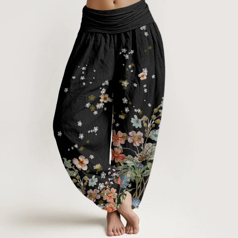 Pantaloni harem da donna con elastico in vita e motivo floreale in cotone con Buddha Stones