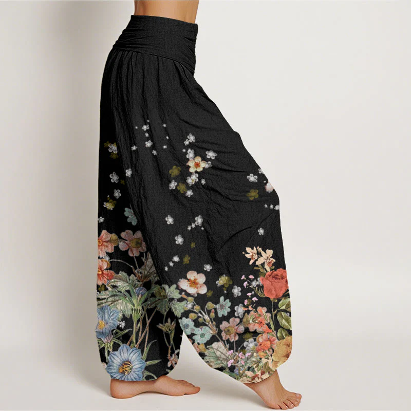 Pantaloni harem da donna con elastico in vita e motivo floreale in cotone con Buddha Stones - Image 3