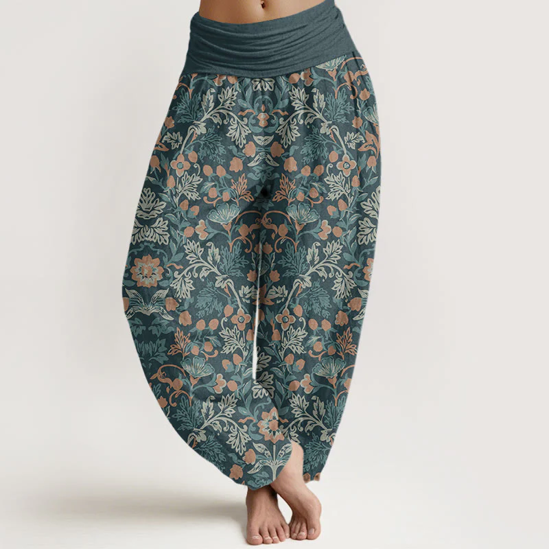 Pantaloni harem da donna con elastico in vita, in cotone, casual, motivo floreale e foglie di vite, motivo Buddha Stones