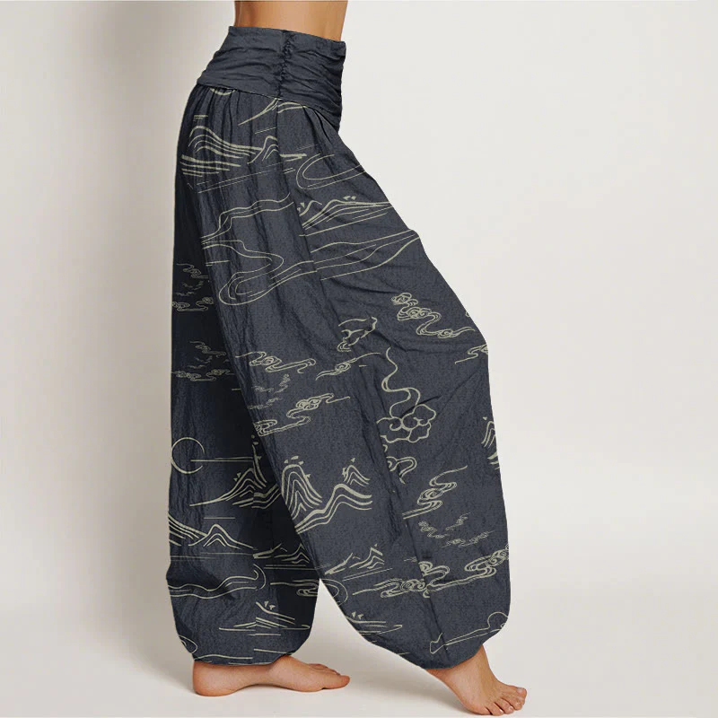 Pantaloni harem da donna con elastico in vita, motivo Buddha Stones Cotton Mountain Moon e nuvole di buon auspicio - Image 2