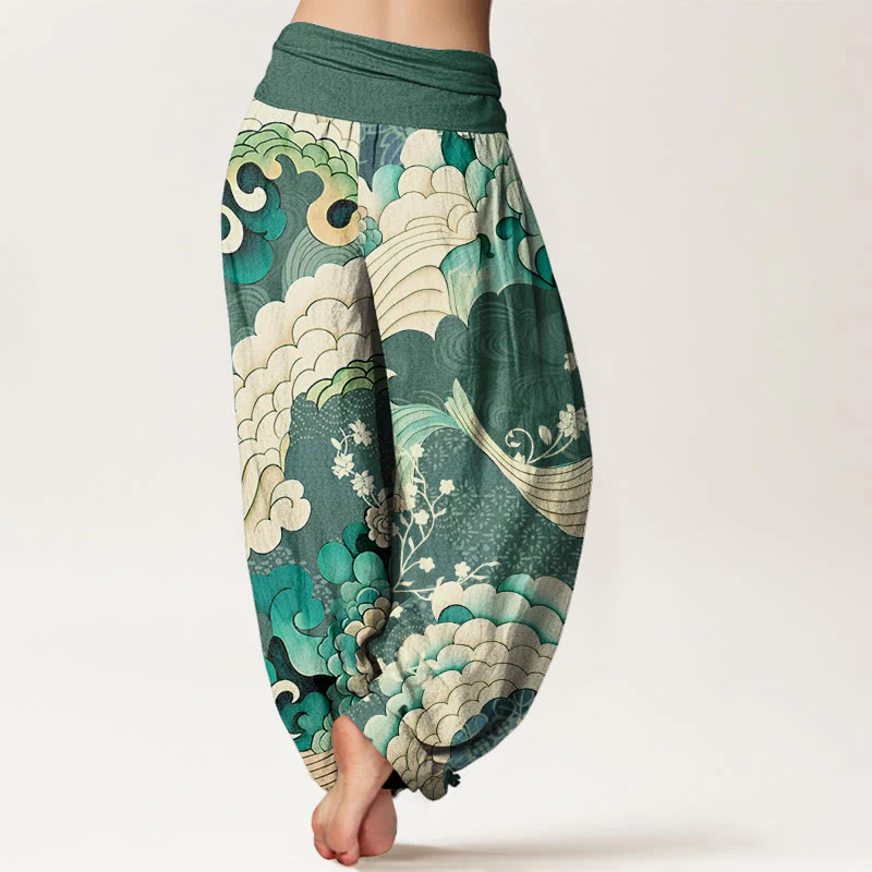 Pantaloni harem da donna con elastico in vita e motivo a onde e fiori in cotone con Buddha Stones - Image 2