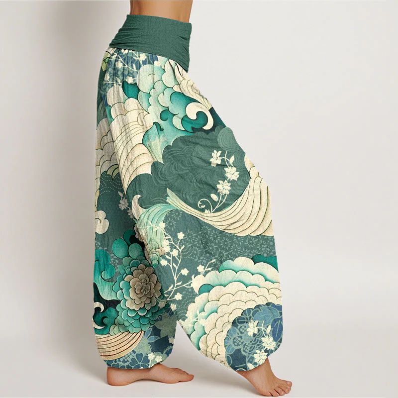 Pantaloni harem da donna con elastico in vita e motivo a onde e fiori in cotone con Buddha Stones - Image 3