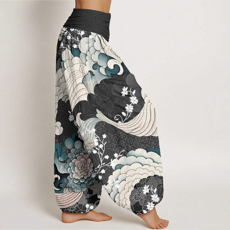 Pantaloni harem da donna con elastico in vita e motivo a onde e fiori in cotone con Buddha Stones - Image 7
