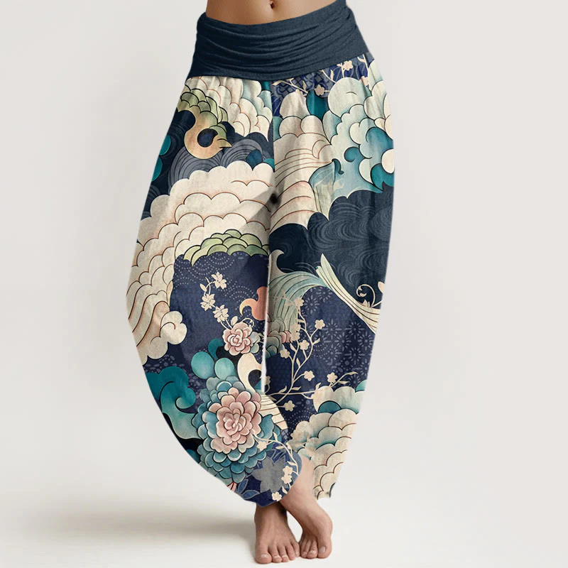 Pantaloni harem da donna con elastico in vita e motivo a onde e fiori in cotone con Buddha Stones - Image 8