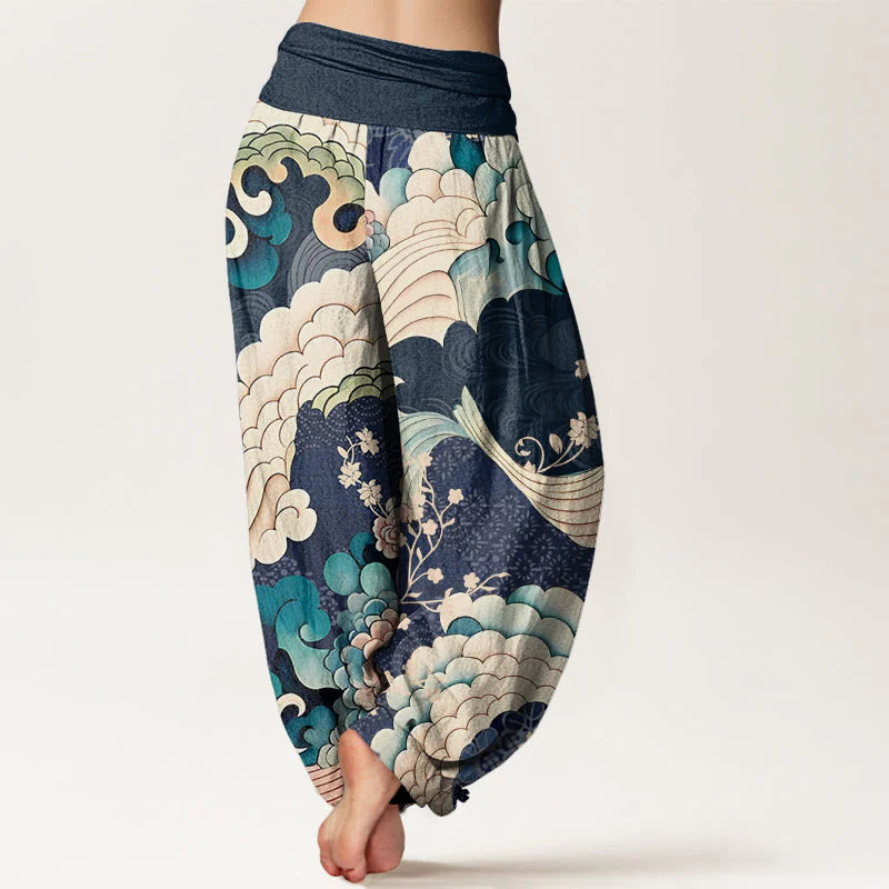 Pantaloni harem da donna con elastico in vita e motivo a onde e fiori in cotone con Buddha Stones - Image 9